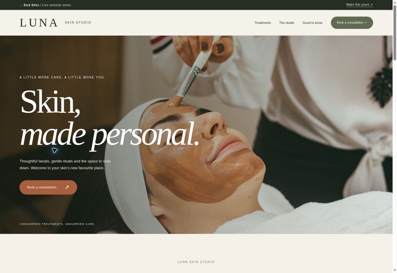 Preview of the Luna Skin Studio website